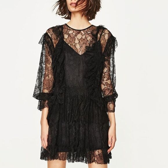 ✨ Zara black lace dress with frills✨ - Picture 2 of 13